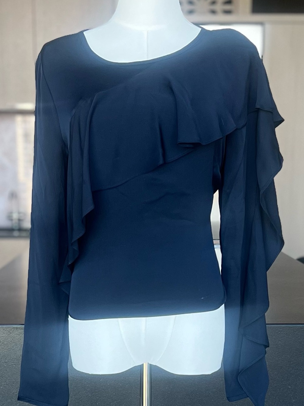 Milly Navy Asymmetrical Ruffle Long-Sleeve Blouse